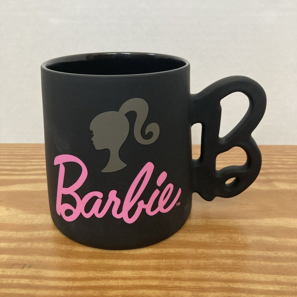 Barbie 21 Oz Stoneware Coffee Mug Iconic Black with Gray Silhouette B Handle